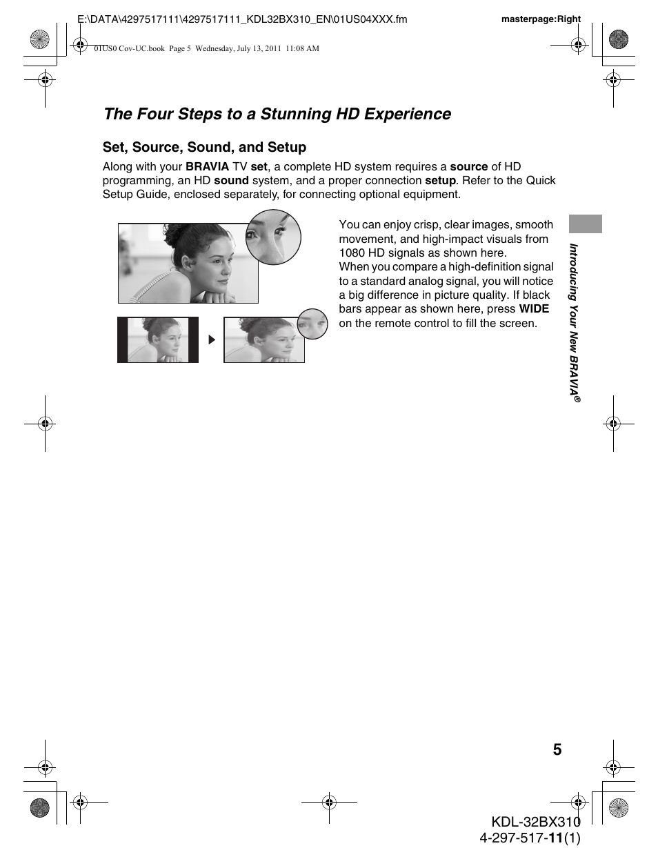 The four steps to a stunning hd experience, Set, source, sound, and setup | Sony KDL-32BX310 User Manual | Page 5 / 50