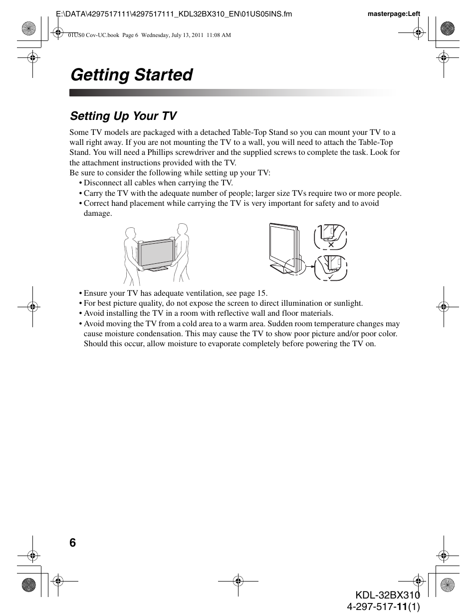 Getting started, Setting up your tv | Sony KDL-32BX310 User Manual | Page 6 / 50