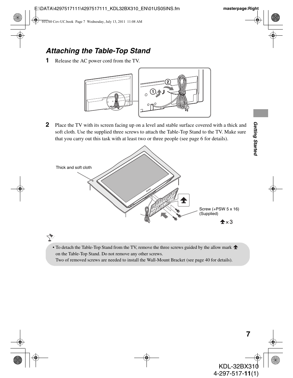 Attaching the table-top stand | Sony KDL-32BX310 User Manual | Page 7 / 50