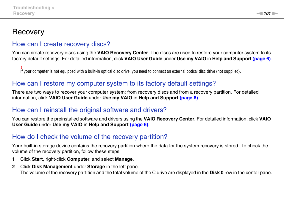 Recovery, How can i create recovery discs | Sony VPCM111AX User Manual | Page 101 / 131