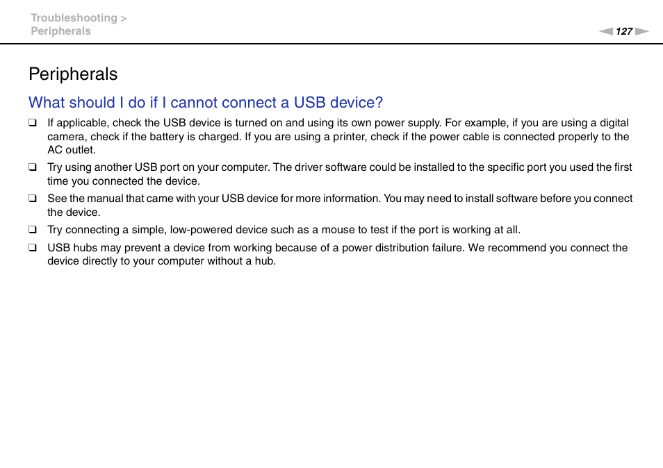 Peripherals, What should i do if i cannot connect a usb device | Sony VPCM111AX User Manual | Page 127 / 131