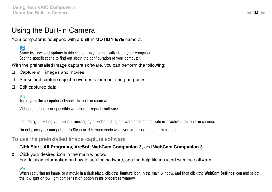 Using the built-in camera, Mera | Sony VPCM111AX User Manual | Page 33 / 131