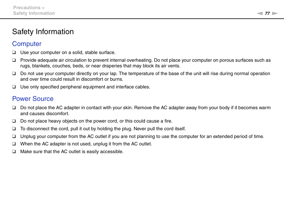 Safety information, Computer, Power source | Sony VPCM111AX User Manual | Page 77 / 131