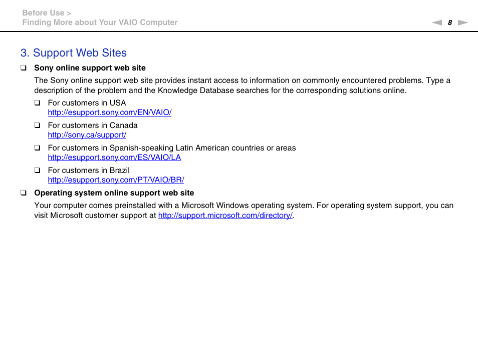 Support web sites | Sony VPCM111AX User Manual | Page 8 / 131