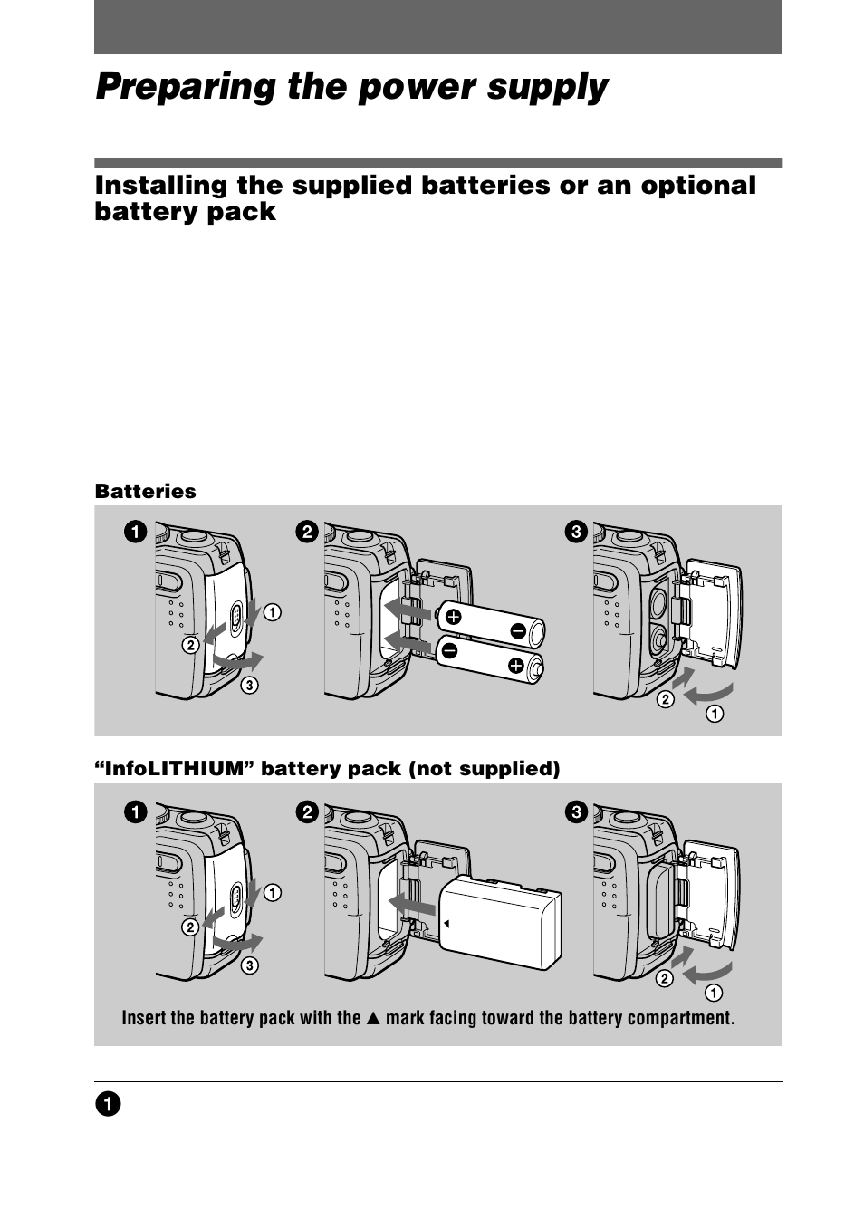 Preparing the power supply | Sony DSC-P20 User Manual | Page 10 / 88