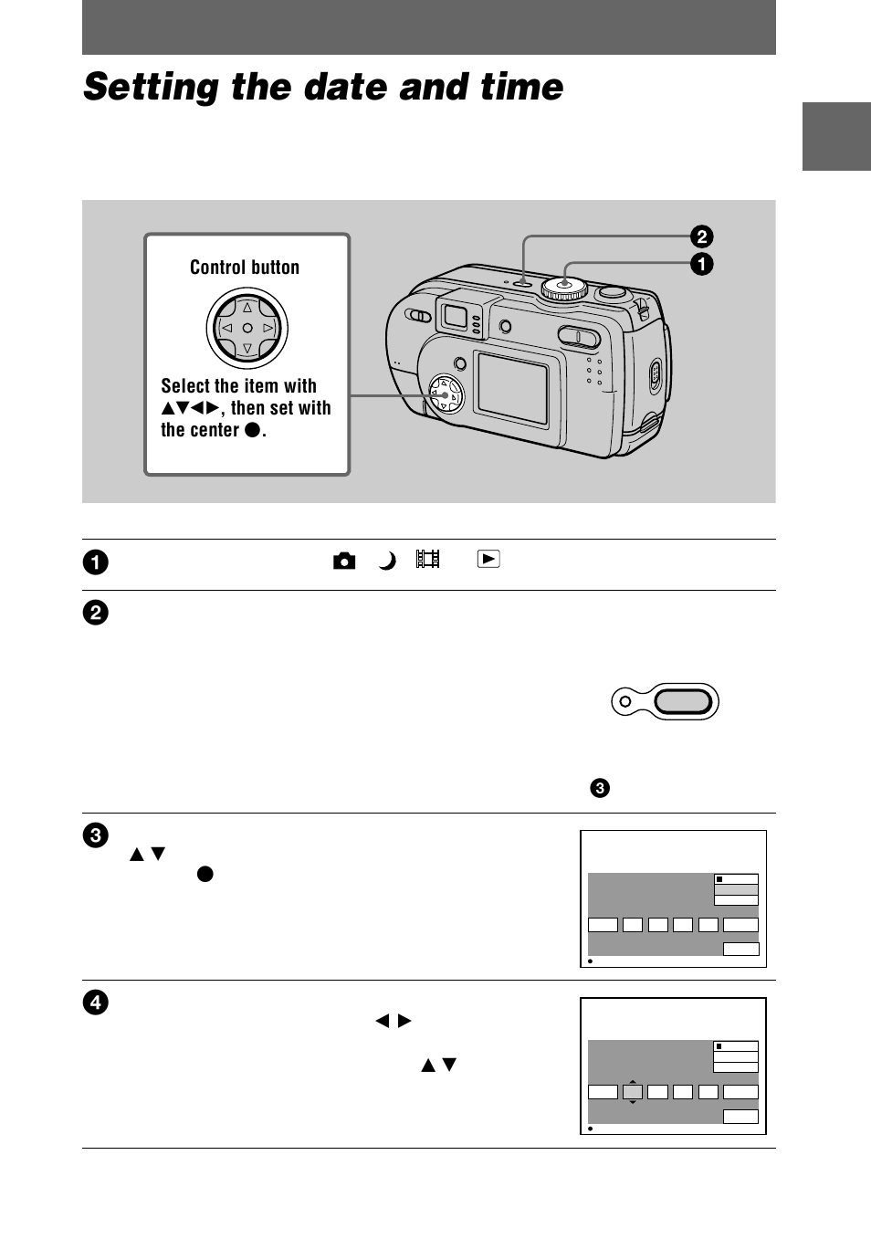 Setting the date and time, Mp (15), Getting sta rted | Set the mode dial to , , or, Power on/off(chg) | Sony DSC-P20 User Manual | Page 15 / 88