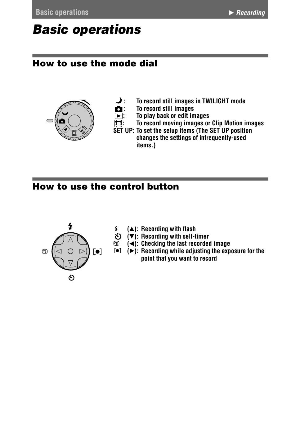 Basic operations, B recording, How to use the mode dial | How to use the control button, On (18 | Sony DSC-P20 User Manual | Page 18 / 88