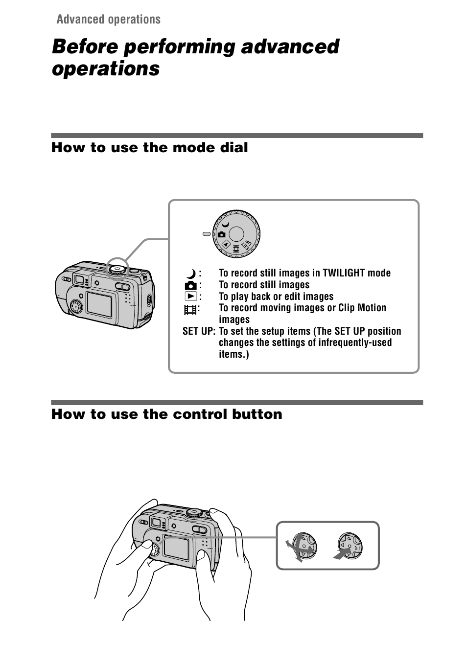 Advanced operations, Before performing advanced operations, How to use the mode dial | How to use the control button | Sony DSC-P20 User Manual | Page 38 / 88