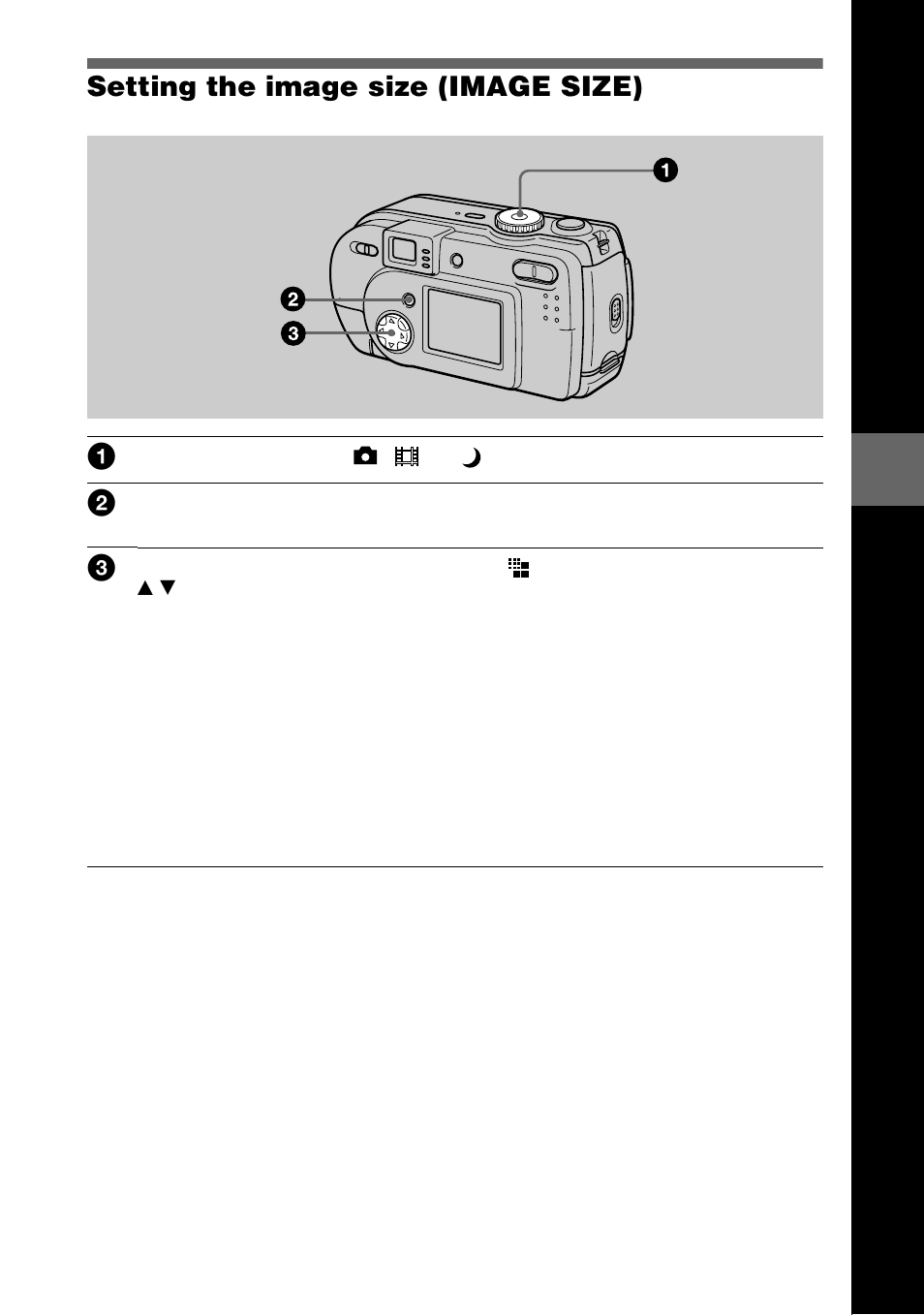 Setting the image size (image size), Setting the image size, Image size) | 43 setting the image size (image size) 1 | Sony DSC-P20 User Manual | Page 43 / 88