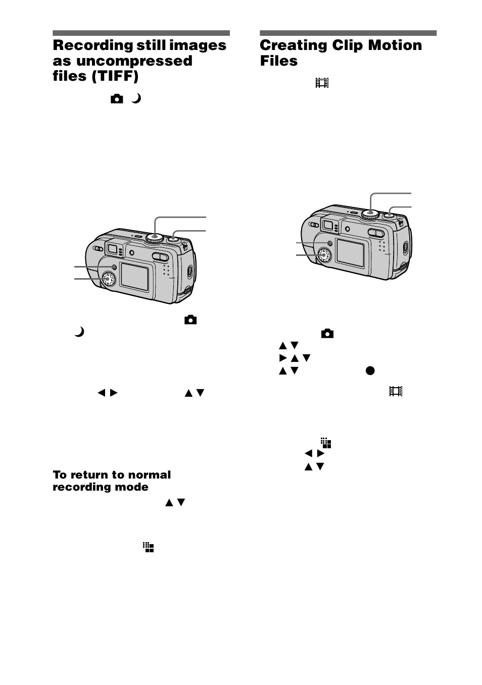 Creating clip motion files, Recording still images as uncompressed, Files (tiff) | Sony DSC-P20 User Manual | Page 48 / 88