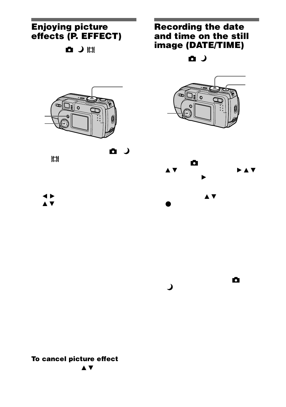 Enjoying picture effects (p. effect), Enjoying picture effects, P. effect) | Recording the date and time on the still, Image (date/time), 52 enjoying picture effects (p. effect) | Sony DSC-P20 User Manual | Page 52 / 88