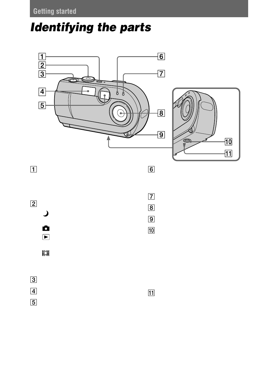 Getting started, Identifying the parts | Sony DSC-P20 User Manual | Page 8 / 88