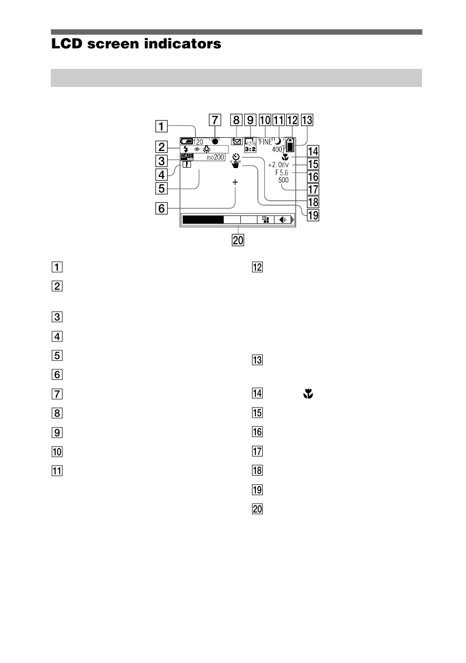 Lcd screen indicators, 82 lcd screen indicators | Sony DSC-P20 User Manual | Page 82 / 88