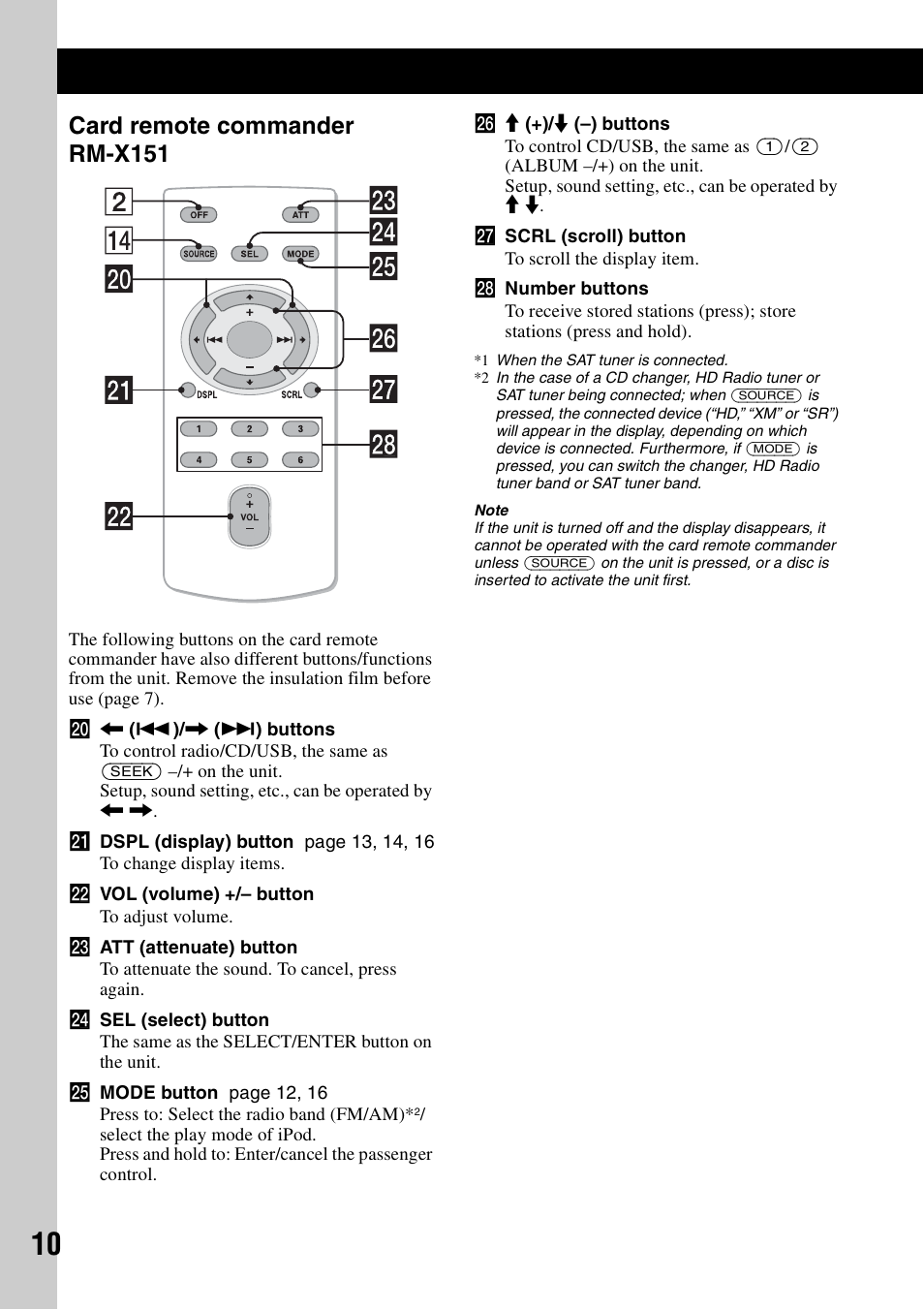 Card remote commander rm-x151 | Sony CDX-H910UI User Manual | Page 10 / 132