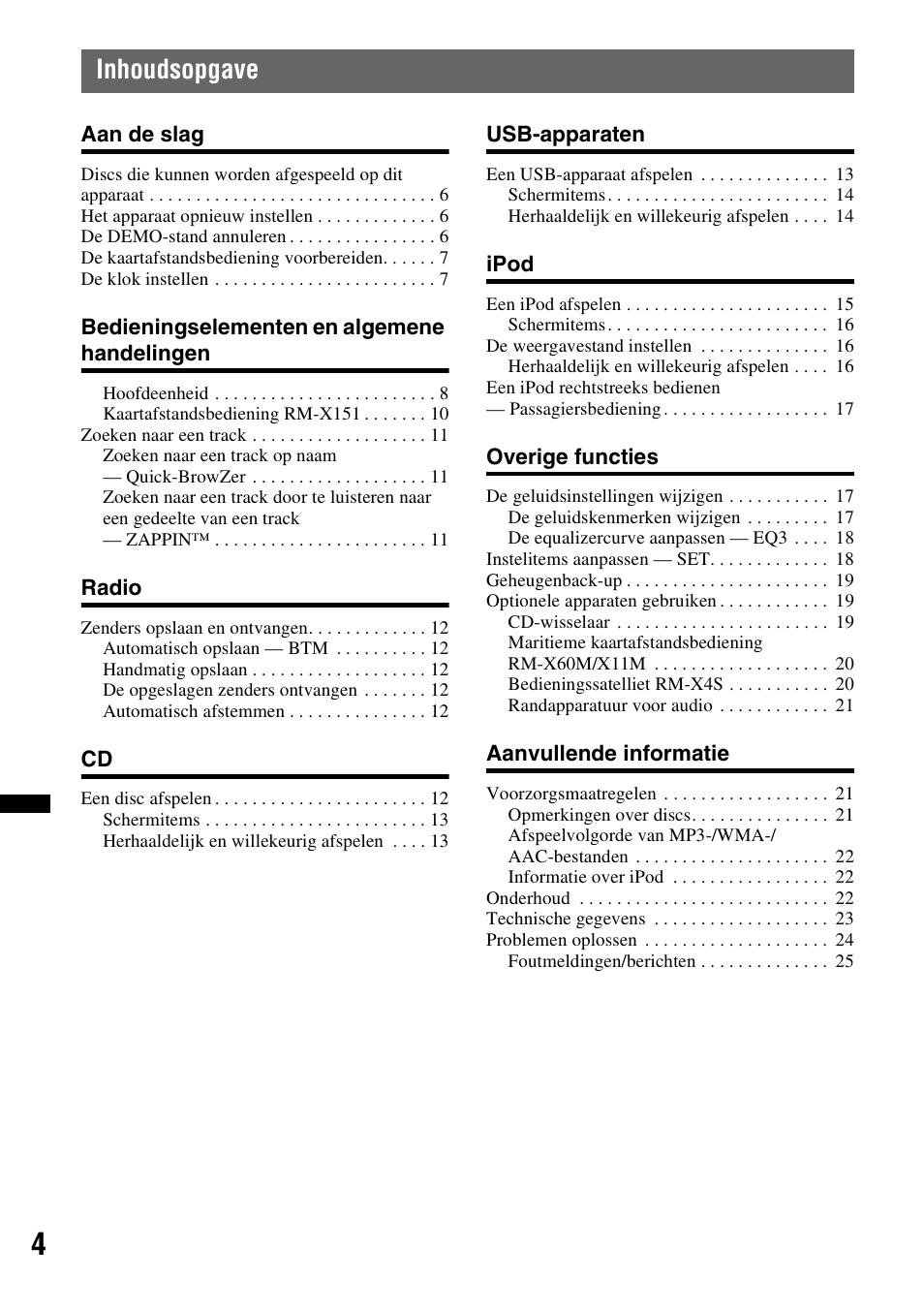 Inhoudsopgave | Sony CDX-H910UI User Manual | Page 108 / 132