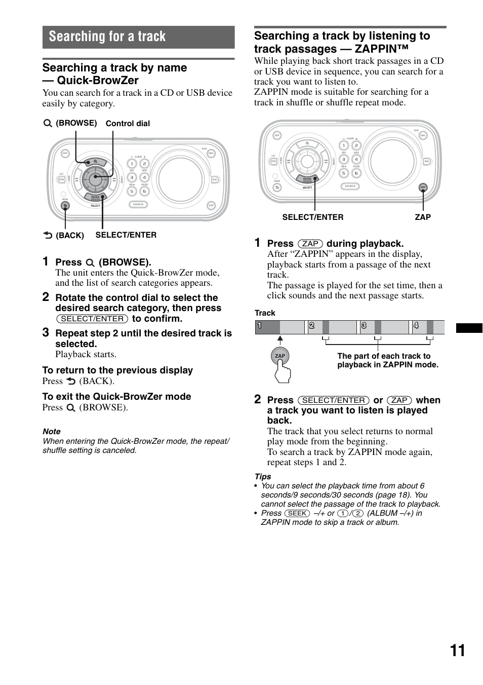 Searching for a track, Searching a track by name - quick-browzer, Searching a track by name — quick-browzer | Browse) control dial (back) select/enter, Zap select/enter | Sony CDX-H910UI User Manual | Page 11 / 132