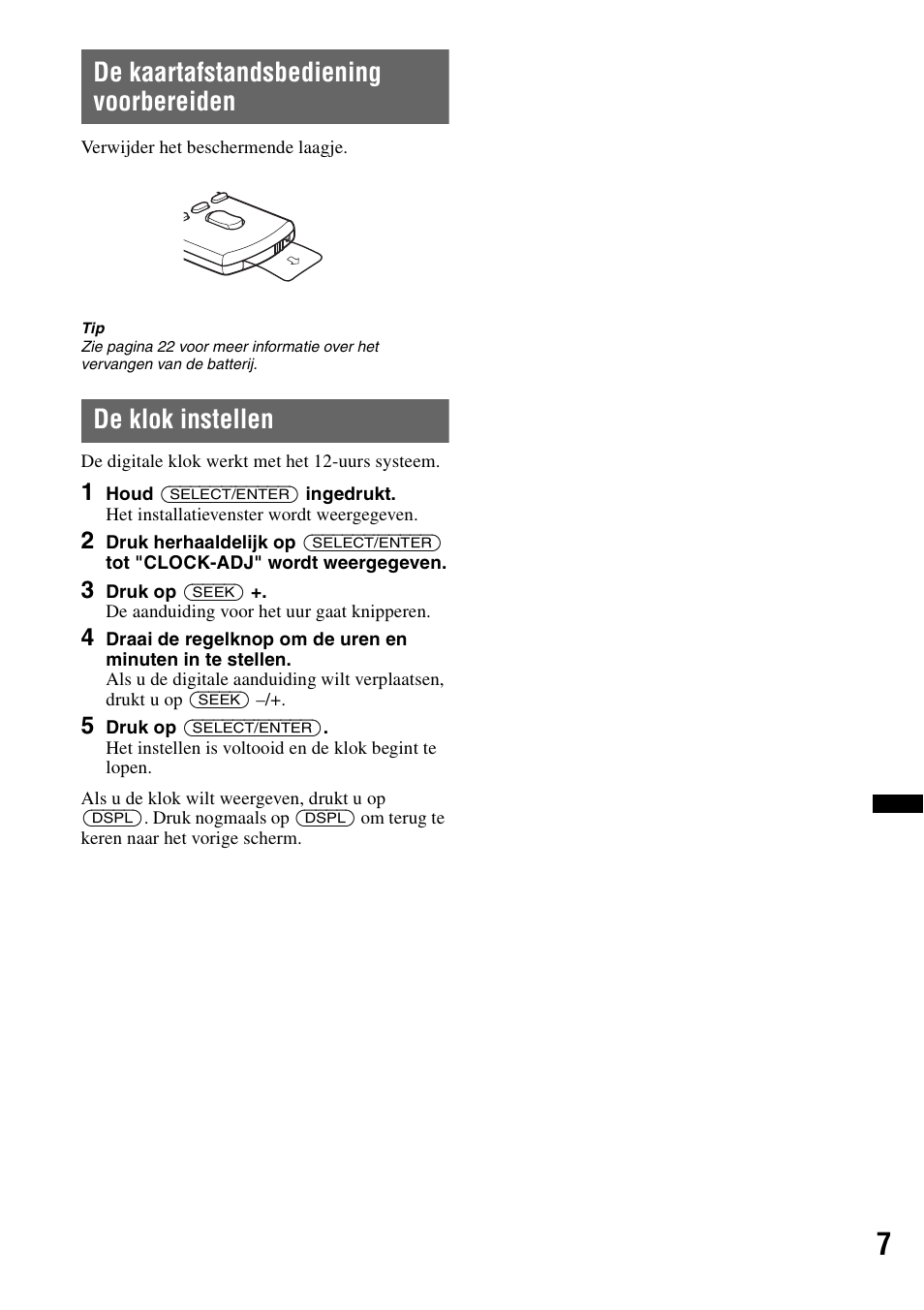 De kaartafstandsbediening voorbereiden, De klok instellen | Sony CDX-H910UI User Manual | Page 111 / 132
