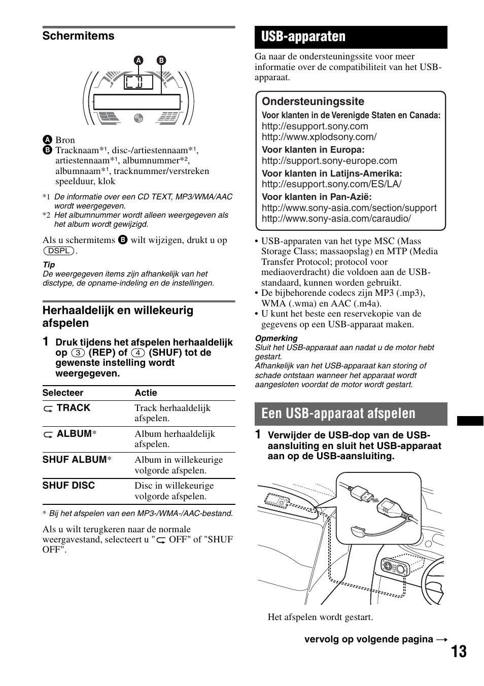 Schermitems, Herhaaldelijk en willekeurig afspelen, Usb-apparaten | Een usb-apparaat afspelen, Schermitems herhaaldelijk en willekeurig afspelen | Sony CDX-H910UI User Manual | Page 117 / 132