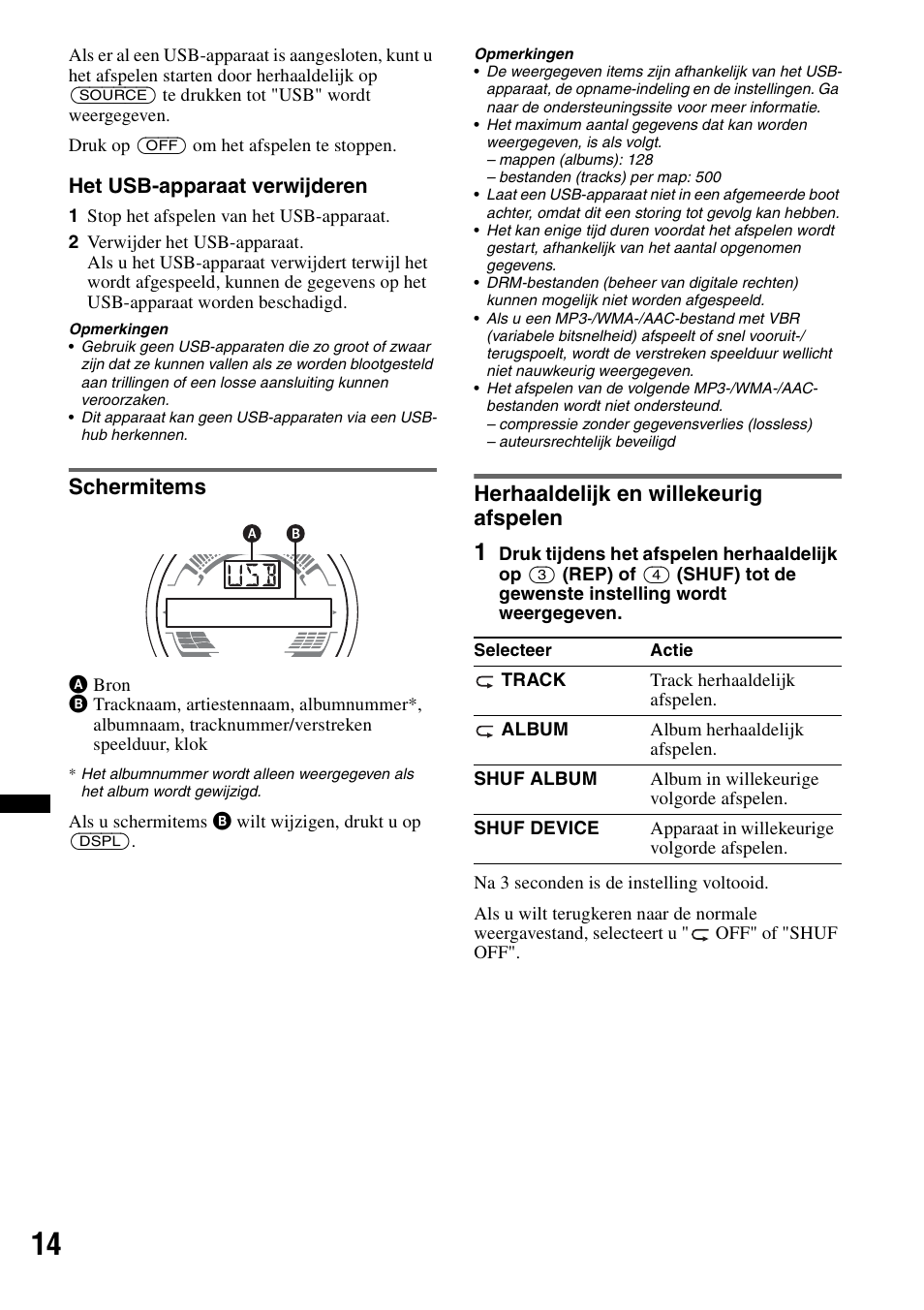 Schermitems, Herhaaldelijk en willekeurig afspelen, Schermitems herhaaldelijk en willekeurig afspelen | Sony CDX-H910UI User Manual | Page 118 / 132
