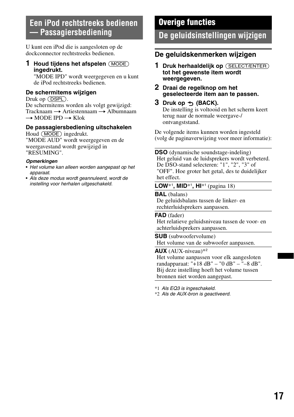 Overige functies, De geluidsinstellingen wijzigen, De geluidskenmerken wijzigen | Overige functies de geluidsinstellingen wijzigen | Sony CDX-H910UI User Manual | Page 121 / 132