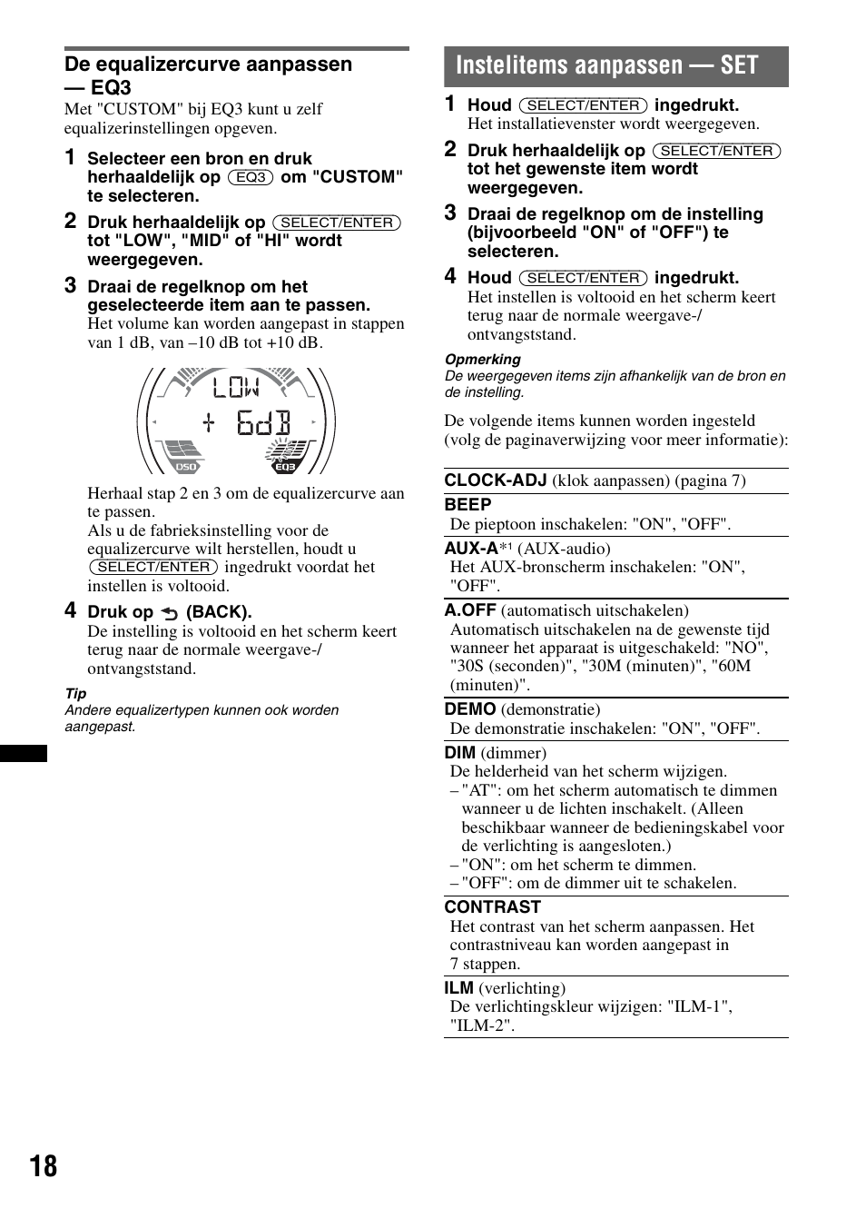 De equalizercurve aanpassen - eq3, Instelitems aanpassen - set, De equalizercurve aanpassen — eq3 | Instelitems aanpassen — set | Sony CDX-H910UI User Manual | Page 122 / 132
