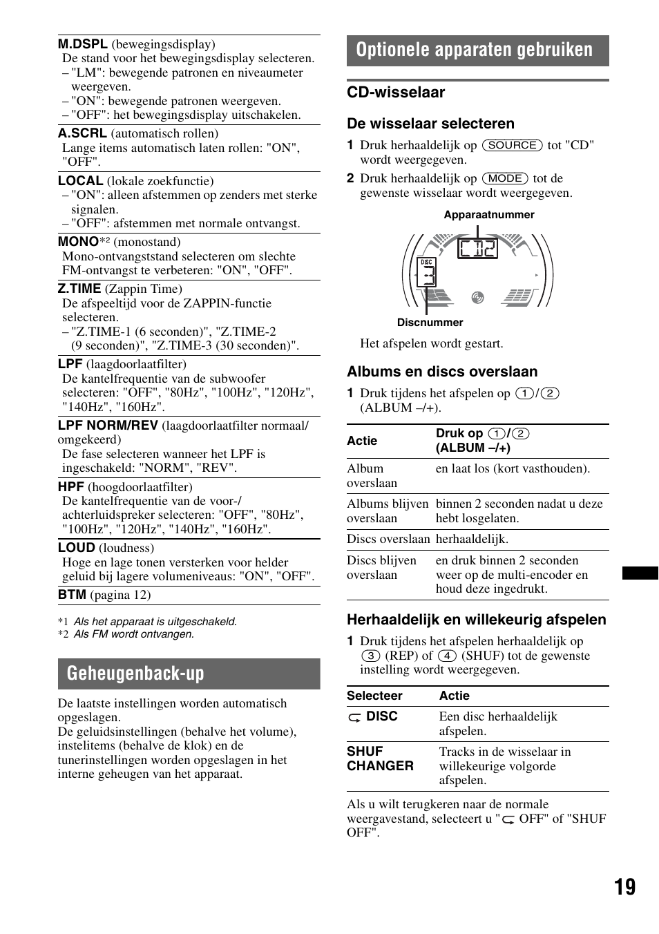 Geheugenback-up, Optionele apparaten gebruiken, Cd-wisselaar | Geheugenback-up optionele apparaten gebruiken | Sony CDX-H910UI User Manual | Page 123 / 132