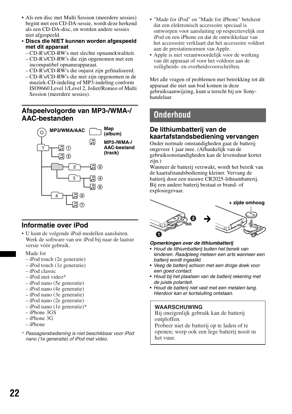 Afspeelvolgorde van mp3-/wma-/ aac-bestanden, Informatie over ipod, Onderhoud | Sony CDX-H910UI User Manual | Page 126 / 132