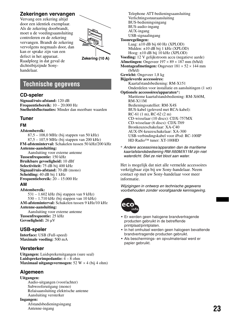 Technische gegevens, Zekeringen vervangen | Sony CDX-H910UI User Manual | Page 127 / 132