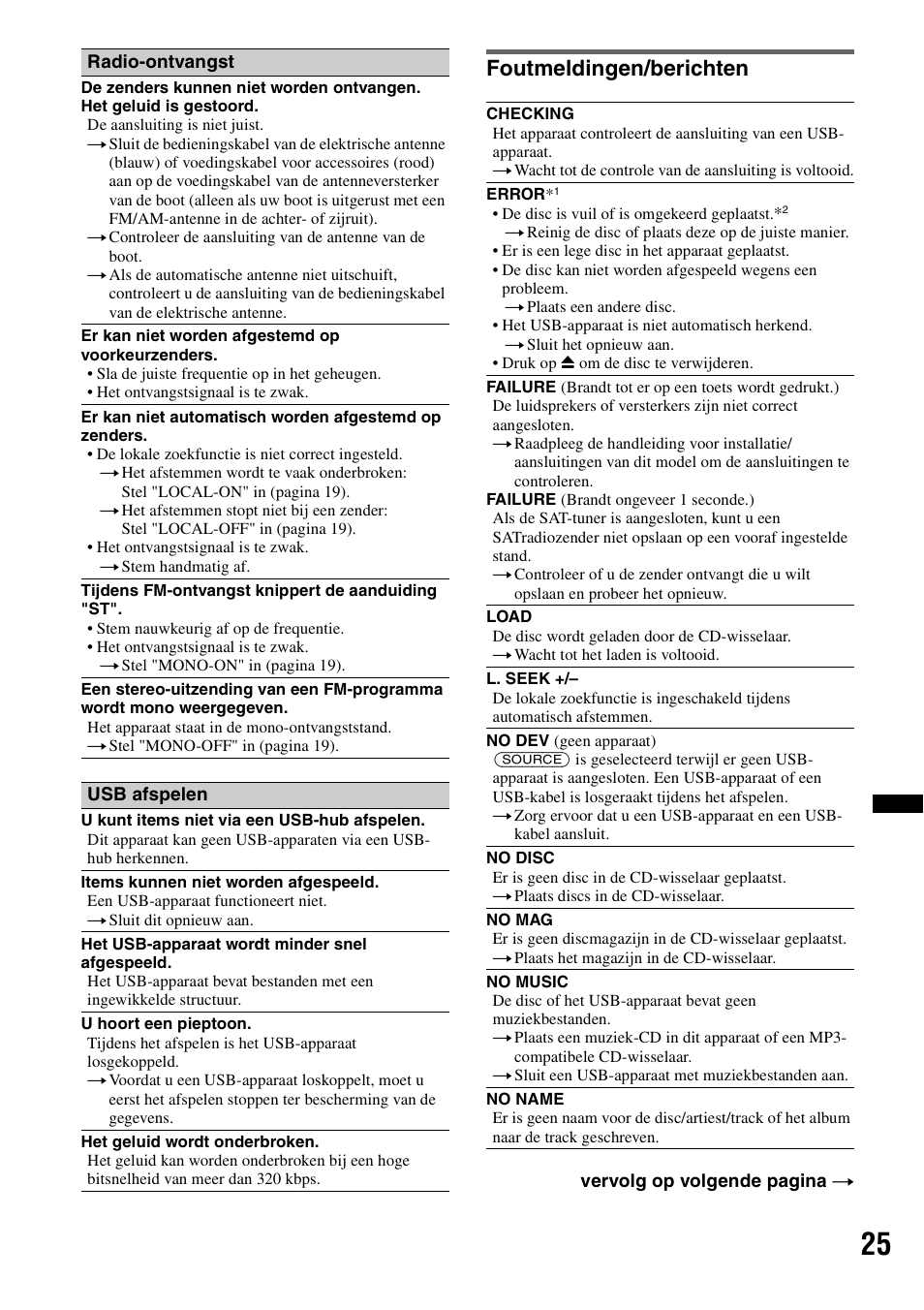 Foutmeldingen/berichten | Sony CDX-H910UI User Manual | Page 129 / 132