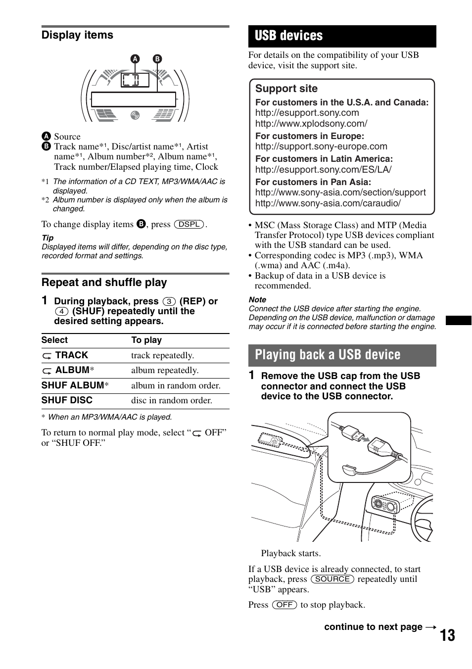 Display items, Repeat and shuffle play, Usb devices | Playing back a usb device, Display items repeat and shuffle play | Sony CDX-H910UI User Manual | Page 13 / 132