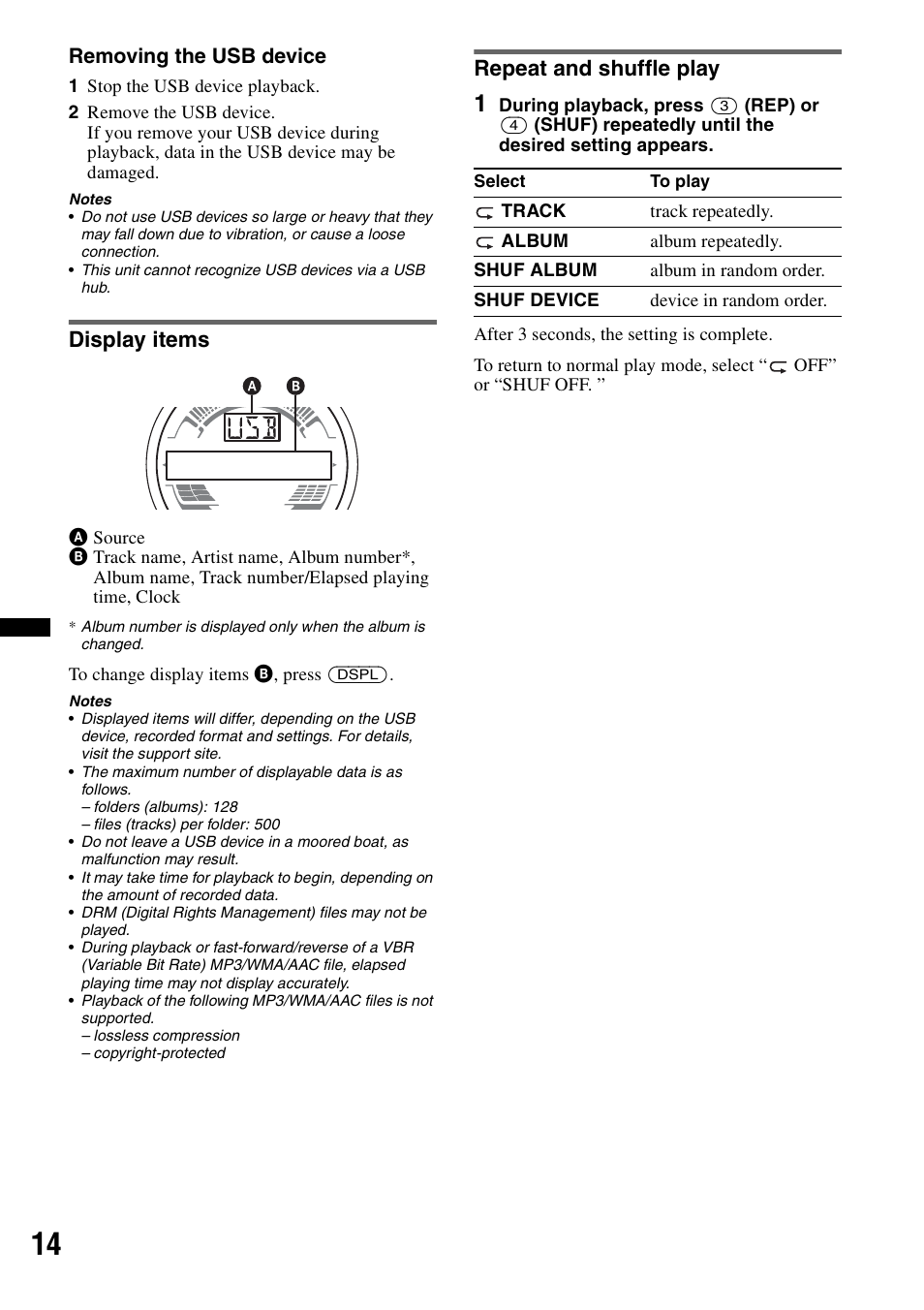 Display items, Repeat and shuffle play, Display items repeat and shuffle play | Sony CDX-H910UI User Manual | Page 14 / 132