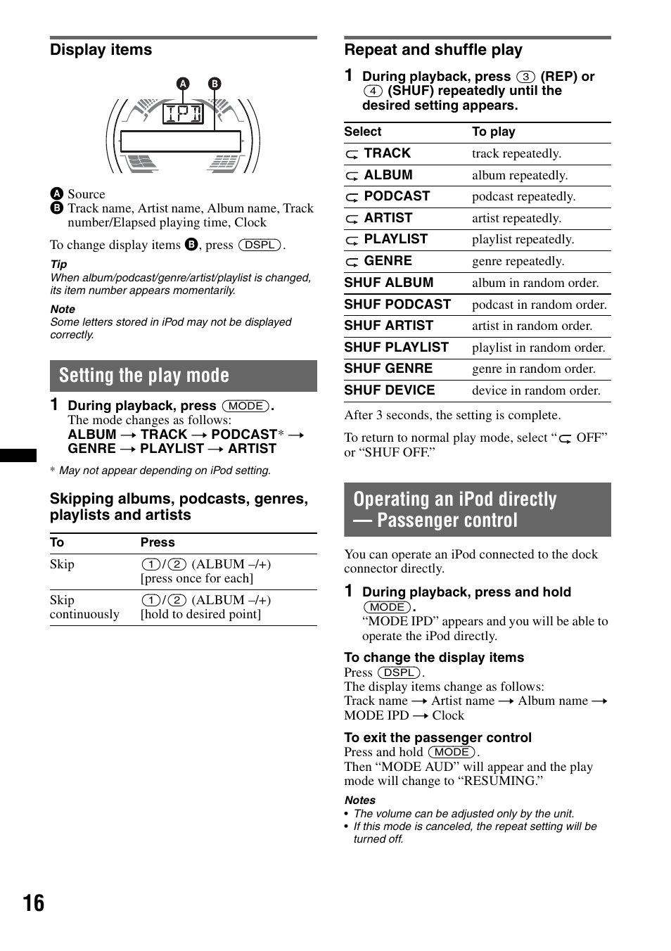 Display items, Setting the play mode, Repeat and shuffle play | Operating an ipod directly - passenger control, Operating an ipod directly — passenger control | Sony CDX-H910UI User Manual | Page 16 / 132
