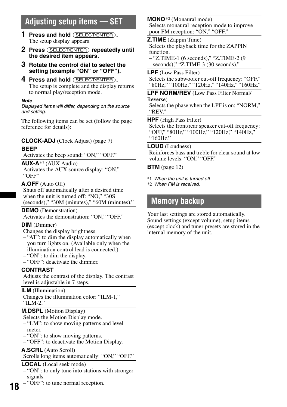 Adjusting setup items - set, Memory backup, Adjusting setup items — set memory backup | Adjusting setup items — set | Sony CDX-H910UI User Manual | Page 18 / 132