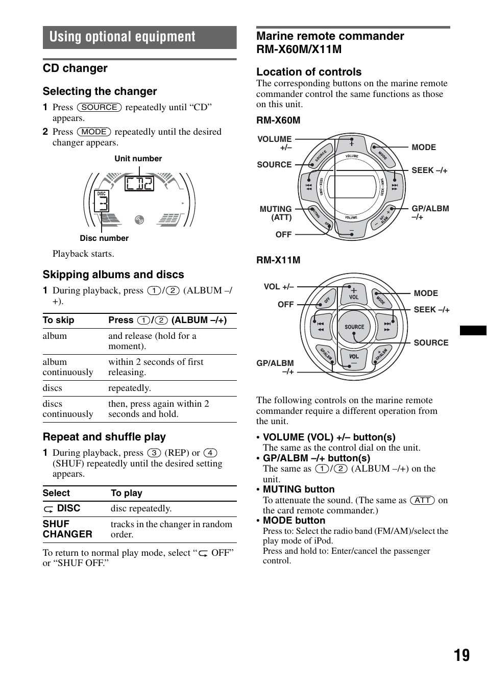 Using optional equipment, Cd changer, Marine remote commander rm-x60m/x11m | Cd changer marine remote commander rm-x60m/x11m | Sony CDX-H910UI User Manual | Page 19 / 132