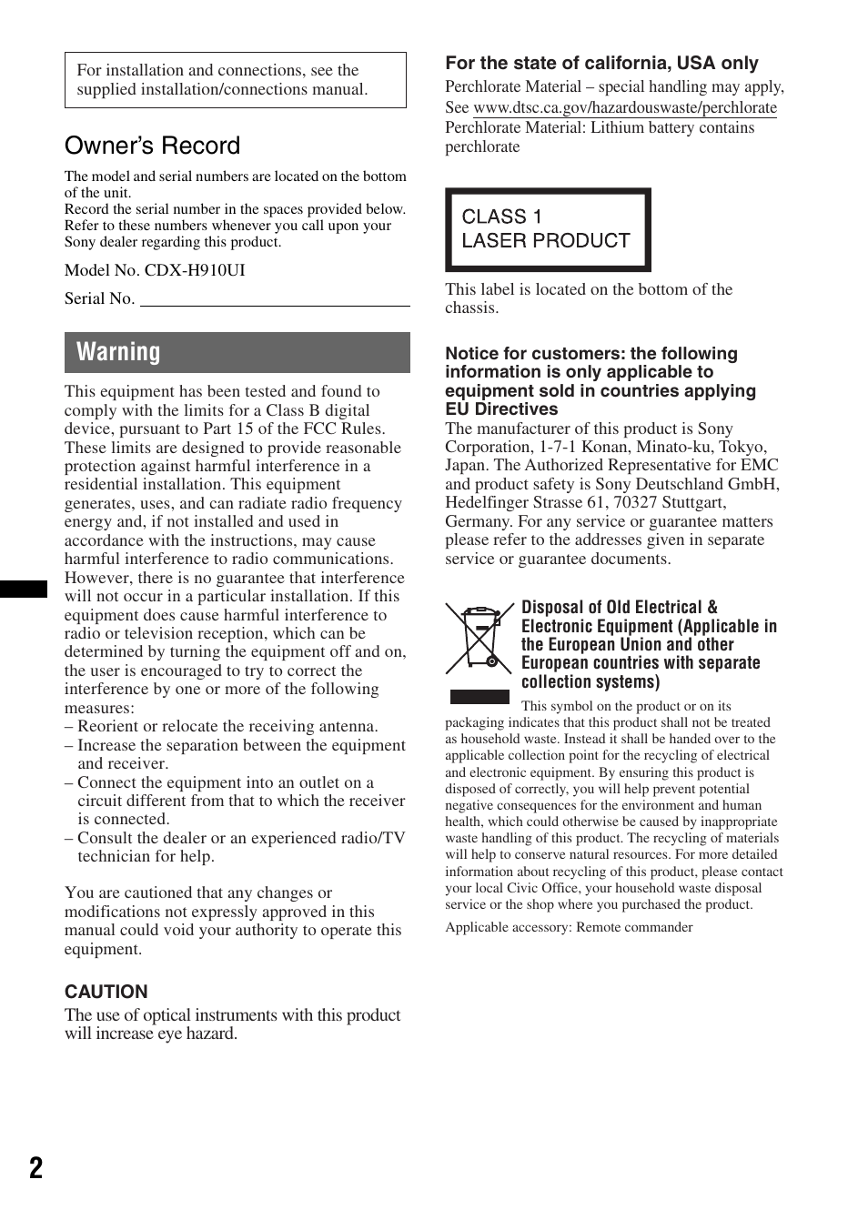 Owner’s record, Warning | Sony CDX-H910UI User Manual | Page 2 / 132