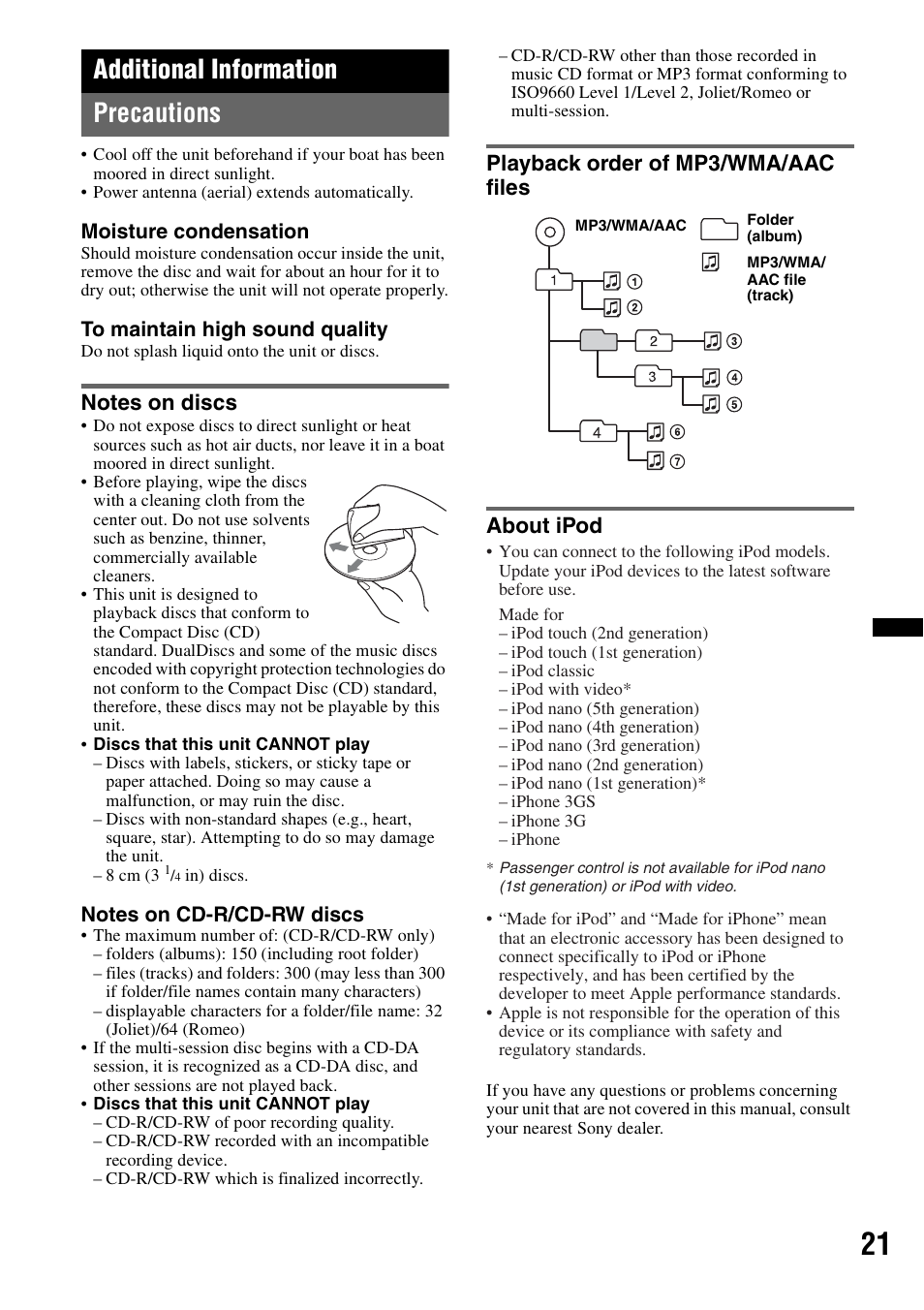Additional information, Precautions, Notes on discs | Playback order of mp3/wma/aac files, About ipod, Additional information precautions, Playback order of mp3/wma/aac files about ipod | Sony CDX-H910UI User Manual | Page 21 / 132