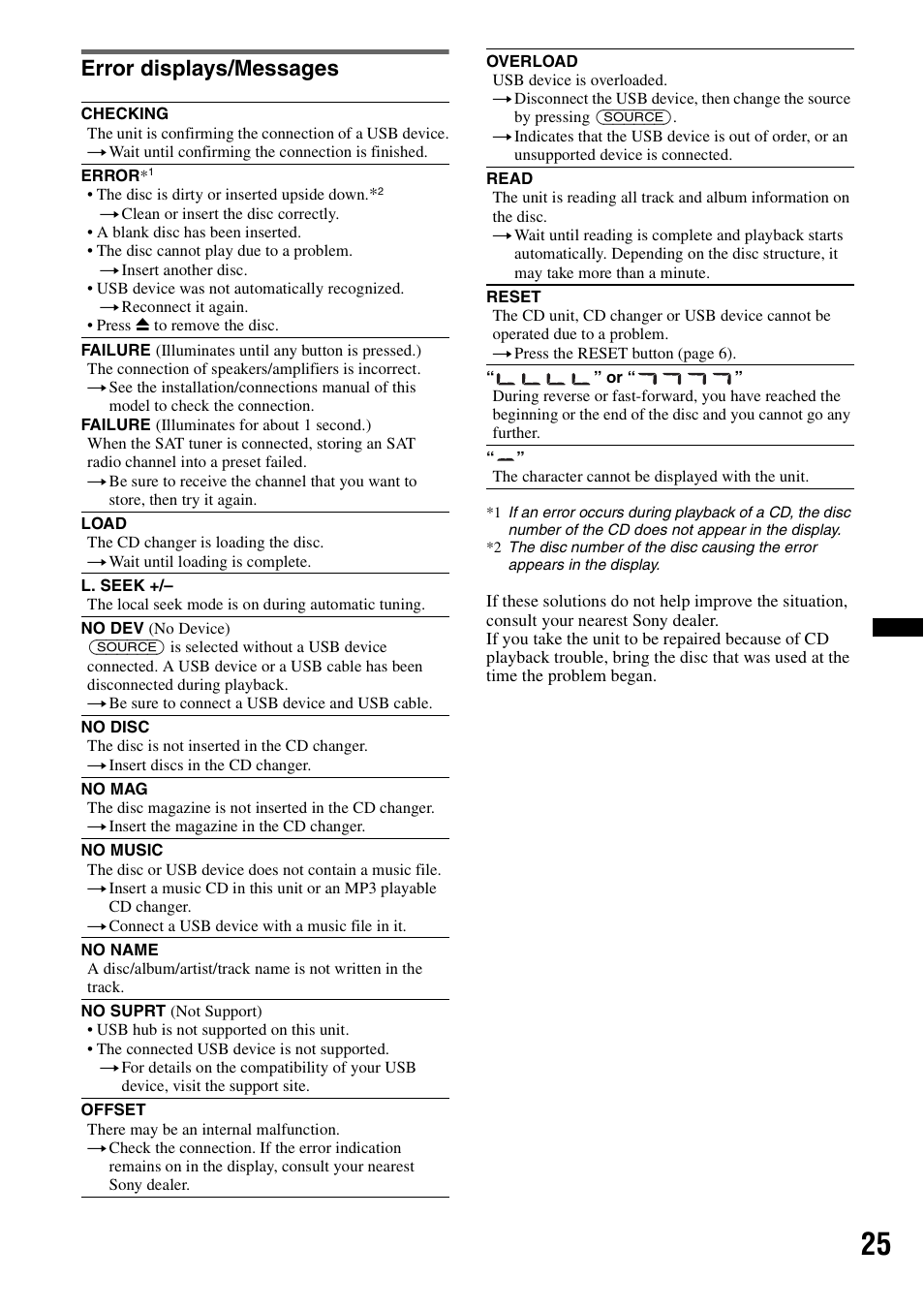 Error displays/messages | Sony CDX-H910UI User Manual | Page 25 / 132