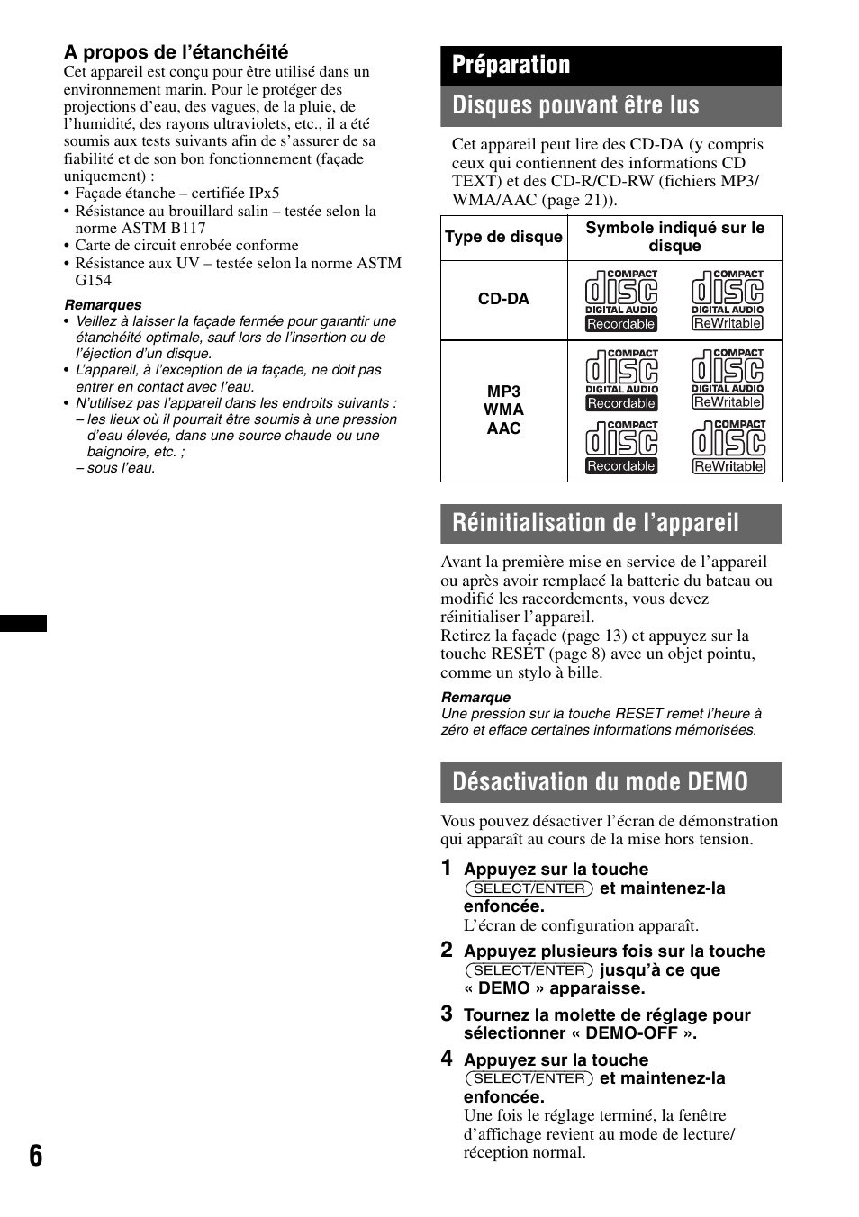 Préparation, Disques pouvant être lus, Réinitialisation de l’appareil | Désactivation du mode demo, Préparation disques pouvant être lus | Sony CDX-H910UI User Manual | Page 30 / 132