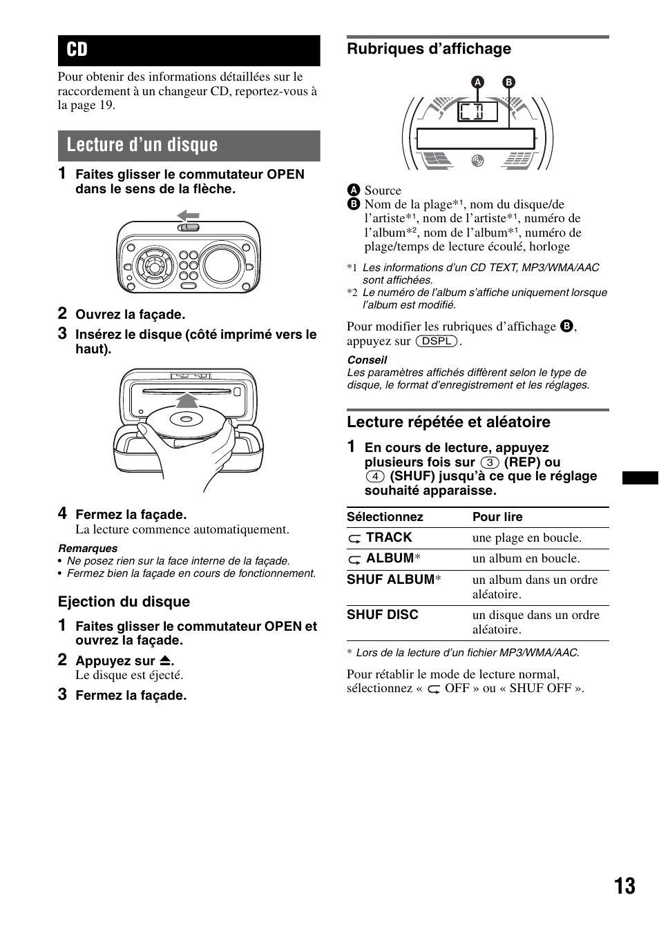 Lecture d’un disque, Rubriques d’affichage, Lecture répétée et aléatoire | Rubriques d’affichage lecture répétée et aléatoire | Sony CDX-H910UI User Manual | Page 37 / 132