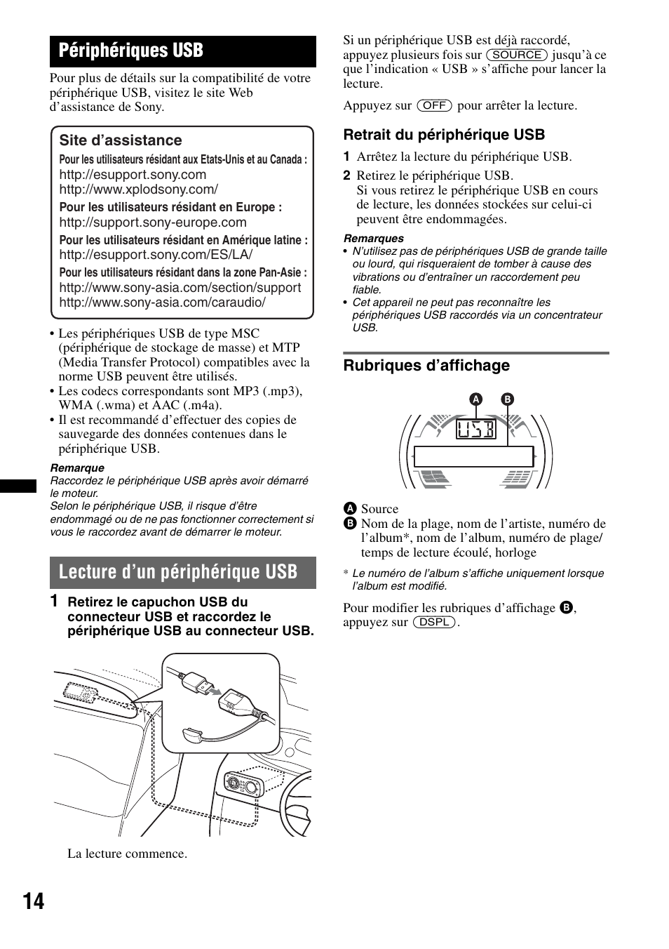 Périphériques usb, Lecture d’un périphérique usb, Rubriques d’affichage | Sony CDX-H910UI User Manual | Page 38 / 132