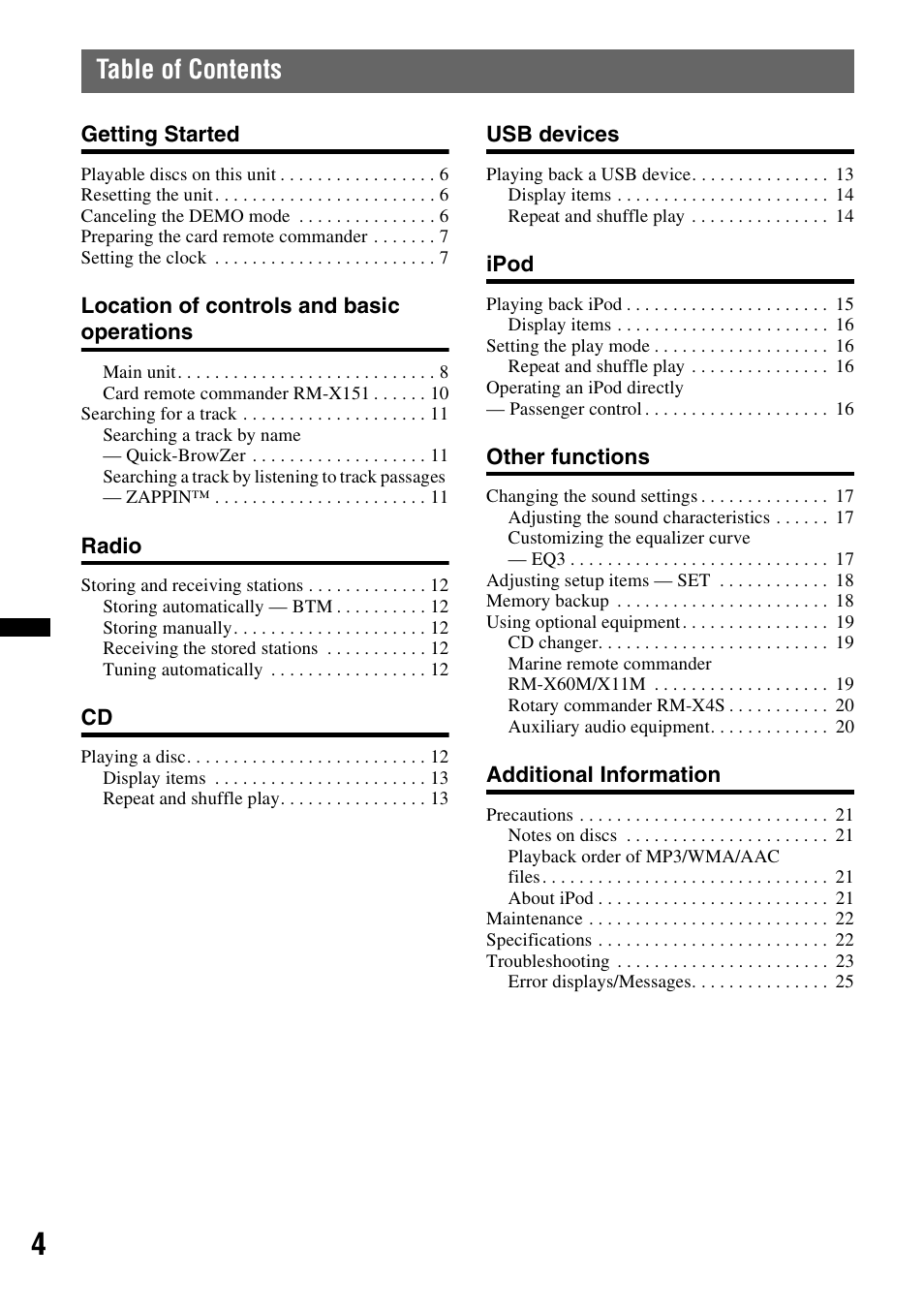 Sony CDX-H910UI User Manual | Page 4 / 132