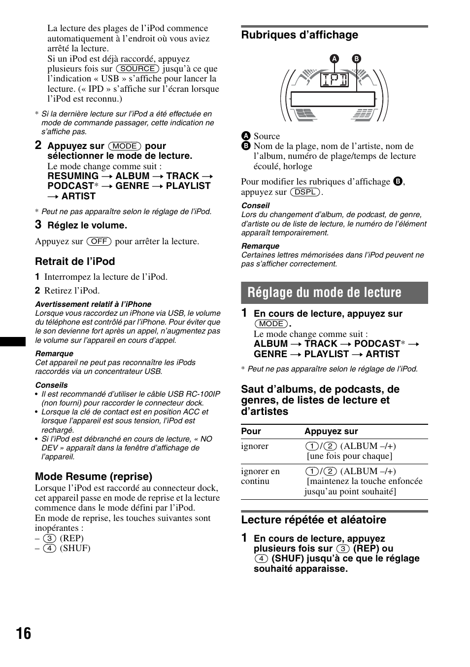 Rubriques d’affichage, Réglage du mode de lecture, Lecture répétée et aléatoire | Sony CDX-H910UI User Manual | Page 40 / 132