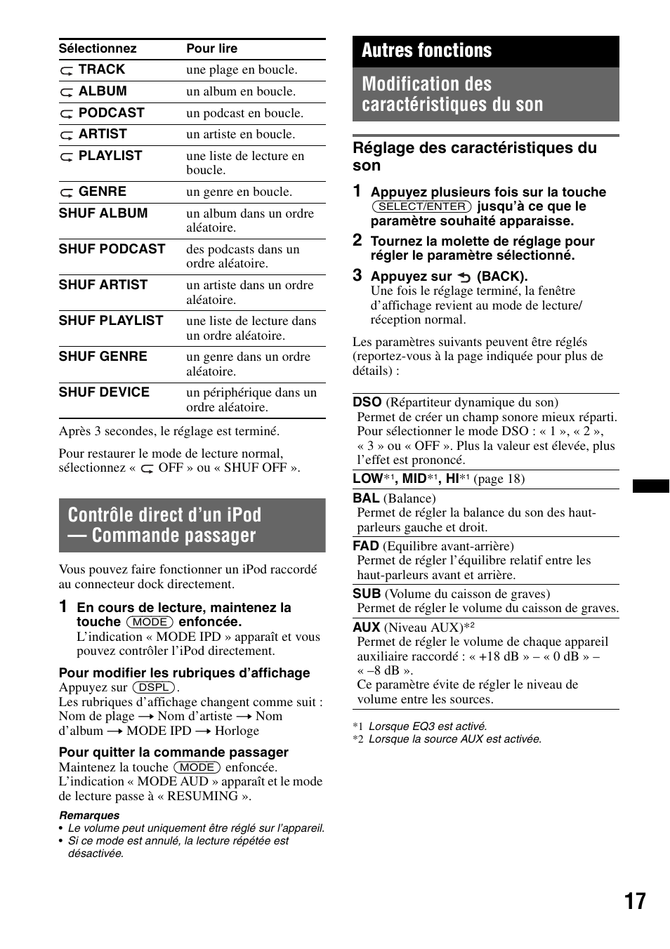 Contrôle direct d’un ipod - commande passager, Autres fonctions, Modification des caractéristiques du son | Réglage des caractéristiques du son, Contrôle direct d’un ipod — commande passager | Sony CDX-H910UI User Manual | Page 41 / 132