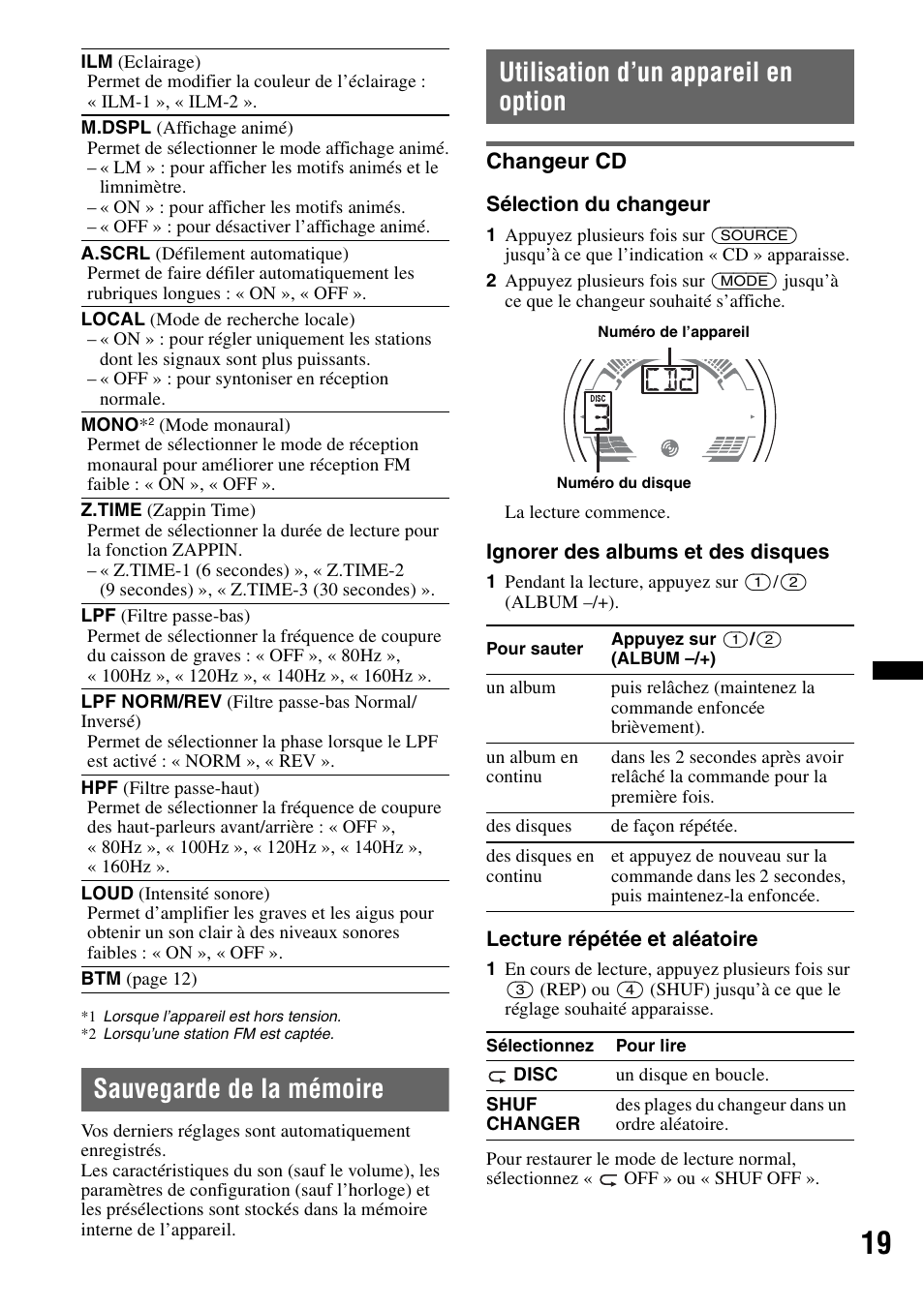 Sauvegarde de la mémoire, Utilisation d’un appareil en option, Changeur cd | Sony CDX-H910UI User Manual | Page 43 / 132