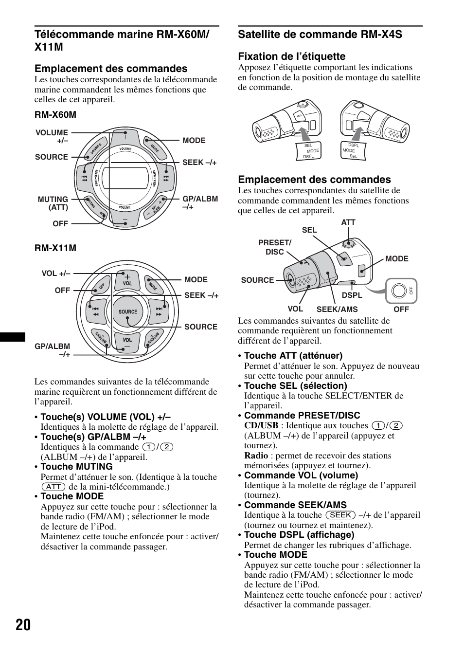 Télécommande marine rm-x60m/ x11m, Satellite de commande rm-x4s, Emplacement des commandes | Fixation de l’étiquette | Sony CDX-H910UI User Manual | Page 44 / 132