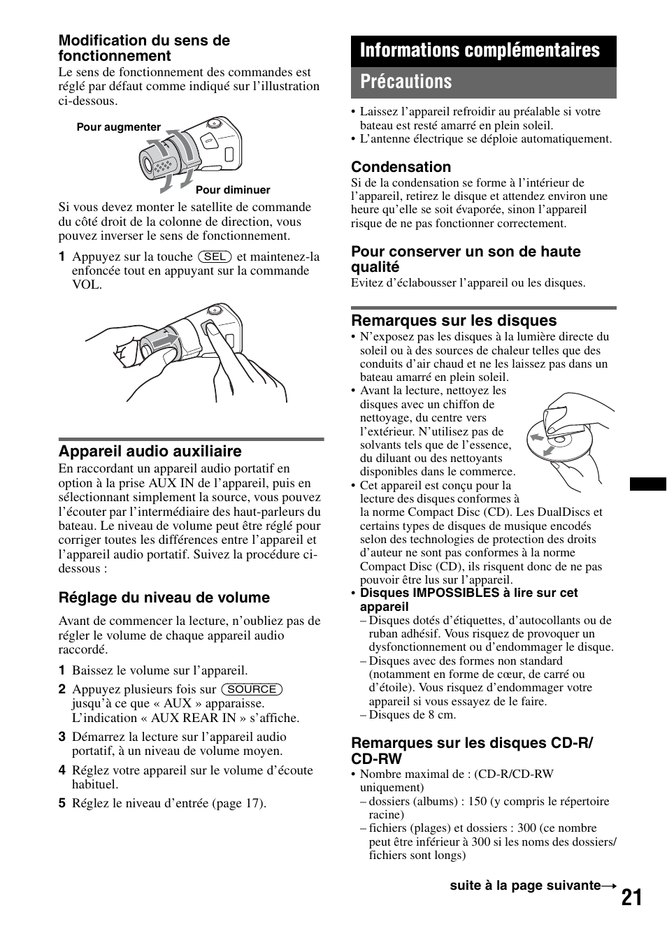 Appareil audio auxiliaire, Informations complémentaires, Précautions | Remarques sur les disques, Informations complémentaires précautions | Sony CDX-H910UI User Manual | Page 45 / 132