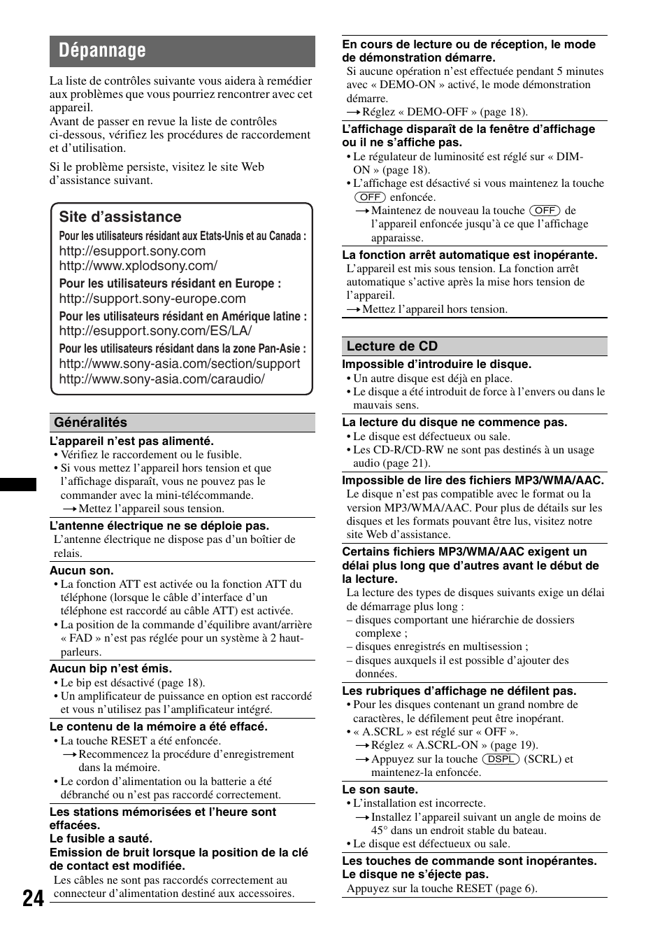 Dépannage, Site d’assistance | Sony CDX-H910UI User Manual | Page 48 / 132