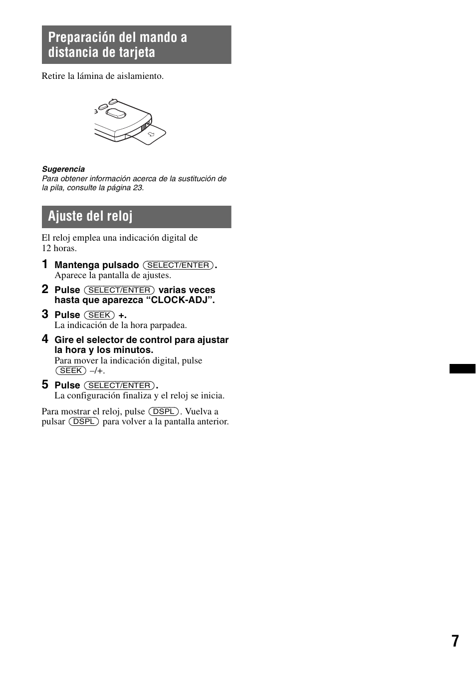 Preparación del mando a distancia de tarjeta, Ajuste del reloj | Sony CDX-H910UI User Manual | Page 57 / 132