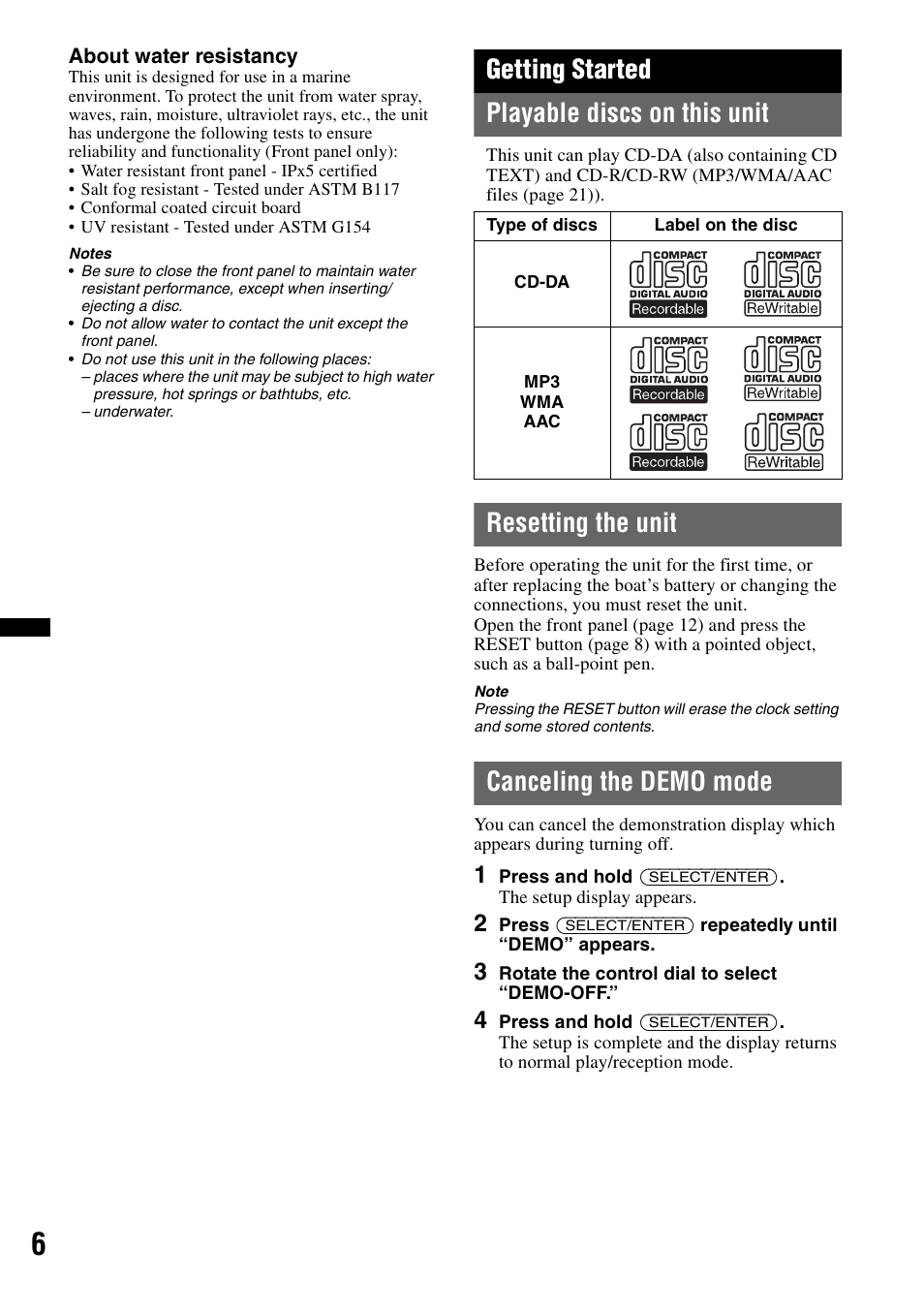 Getting started, Playable discs on this unit, Resetting the unit | Canceling the demo mode, Getting started playable discs on this unit | Sony CDX-H910UI User Manual | Page 6 / 132