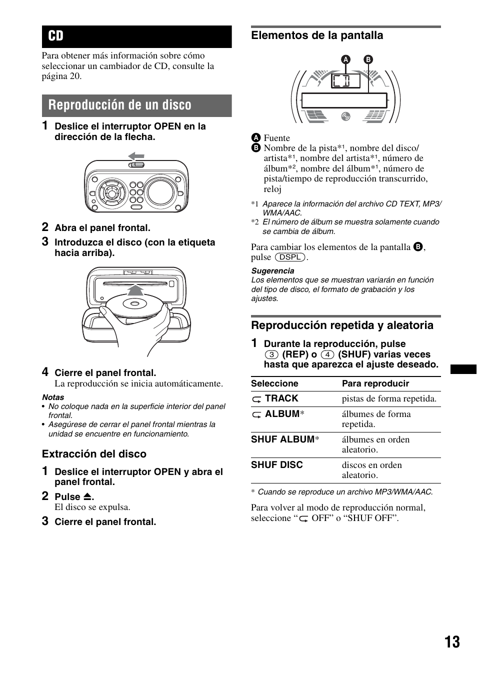 Reproducción de un disco, Elementos de la pantalla, Reproducción repetida y aleatoria | Sony CDX-H910UI User Manual | Page 63 / 132